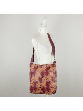 MXX Women's Pink Orange Floral Coated Woven Canvas Casual Crossbody Tote Bag